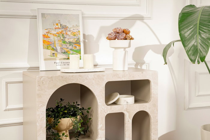 Hanah Home - Consola Travertine, 80x74x37 cm, Color Travertino y Arenisca, Material Melamina, Diseño Moderno de Mármol